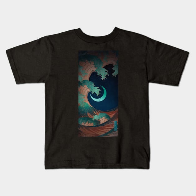 Japanese giant wave goes over the moon Kids T-Shirt by Dawaly